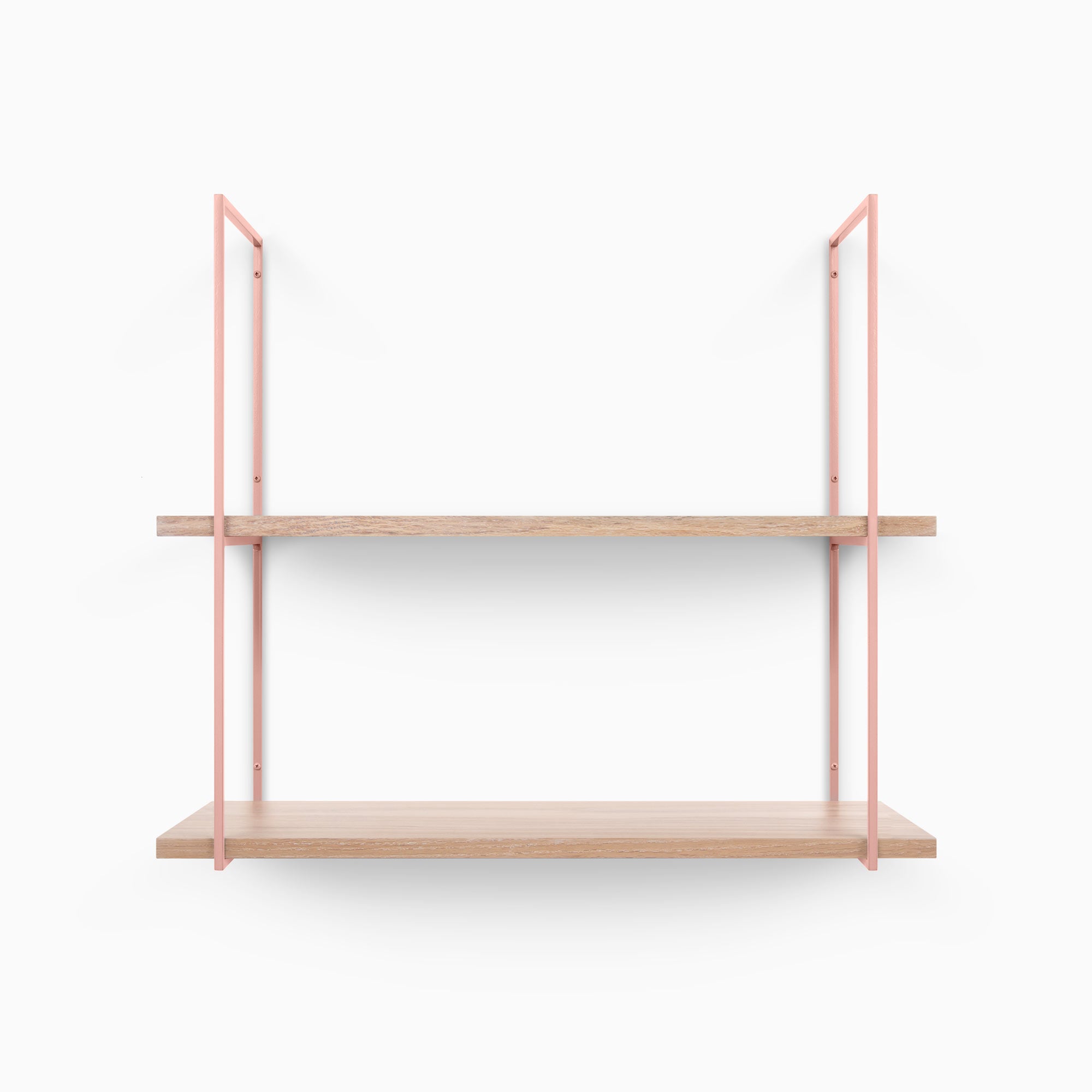 Lloyd Glazed White Oak 2 Tiered Shelf with glazed white oak planks and slim rust-colored metal floating shelf brackets