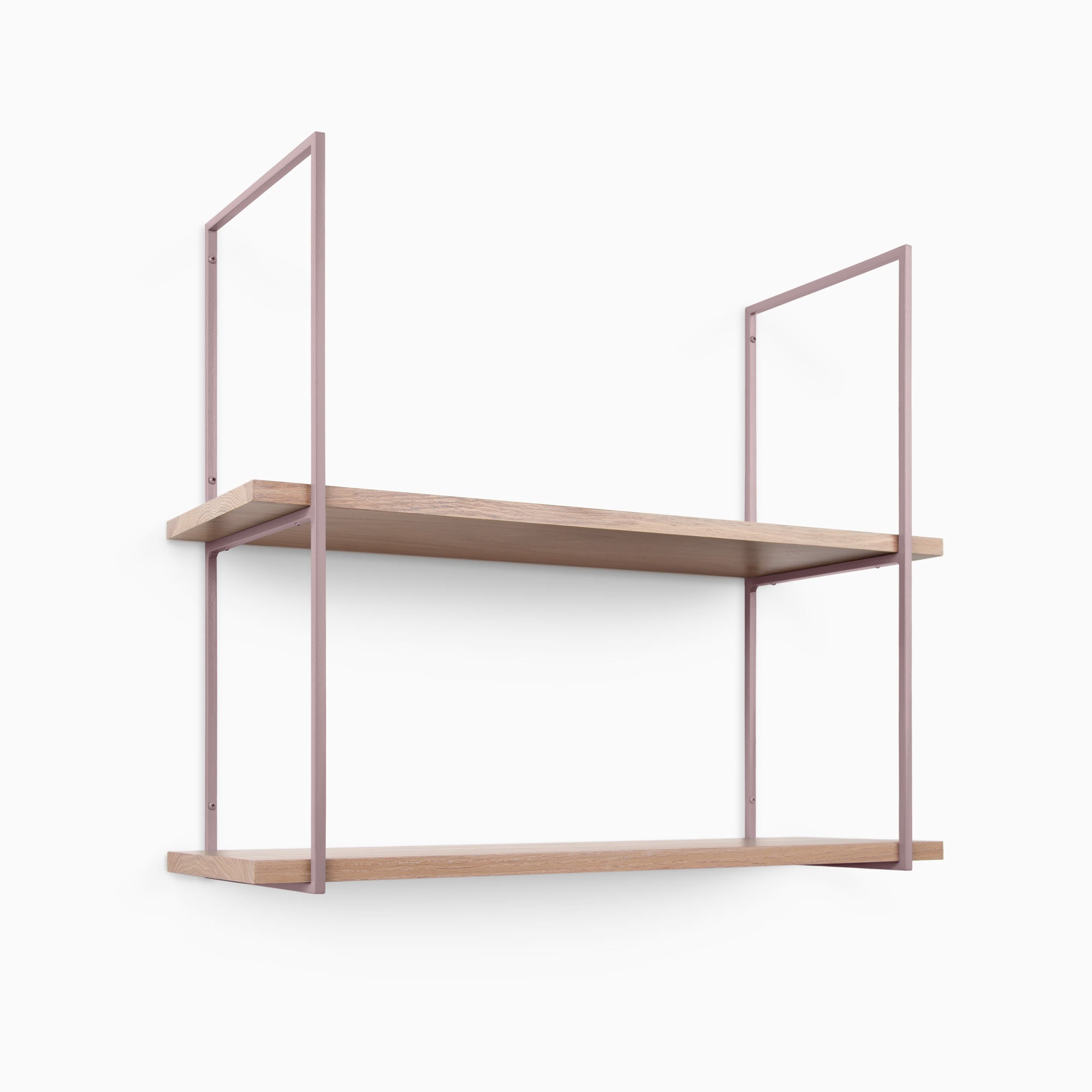 Lloyd Glazed White Oak 2 Tiered Shelf with glazed white oak planks and slender muted pink metal floating shelf brackets