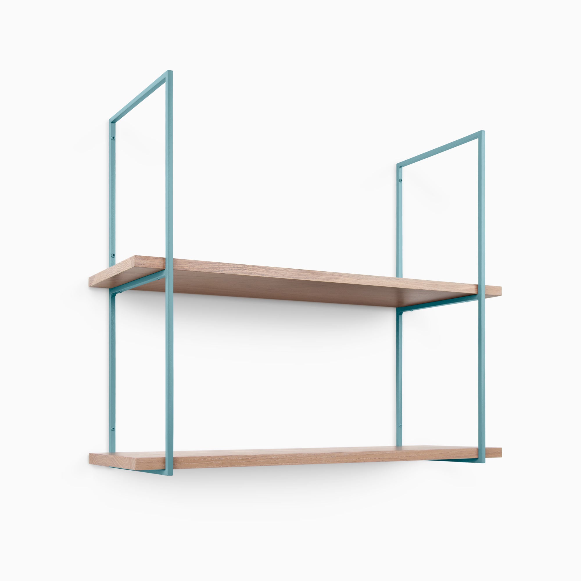 Lloyd Glazed White Oak 2 Tiered Shelf with glazed white oak planks and muted teal metal floating shelf brackets
