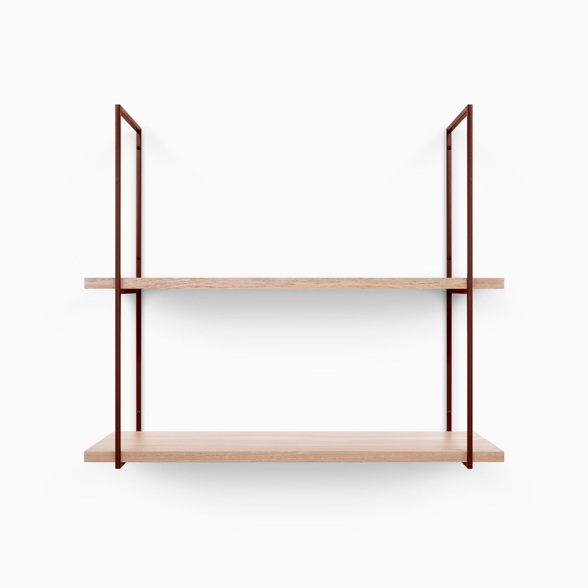 Lloyd Glazed White Oak 2 Tiered Shelf with glazed white oak planks and rust-colored metal floating shelf brackets