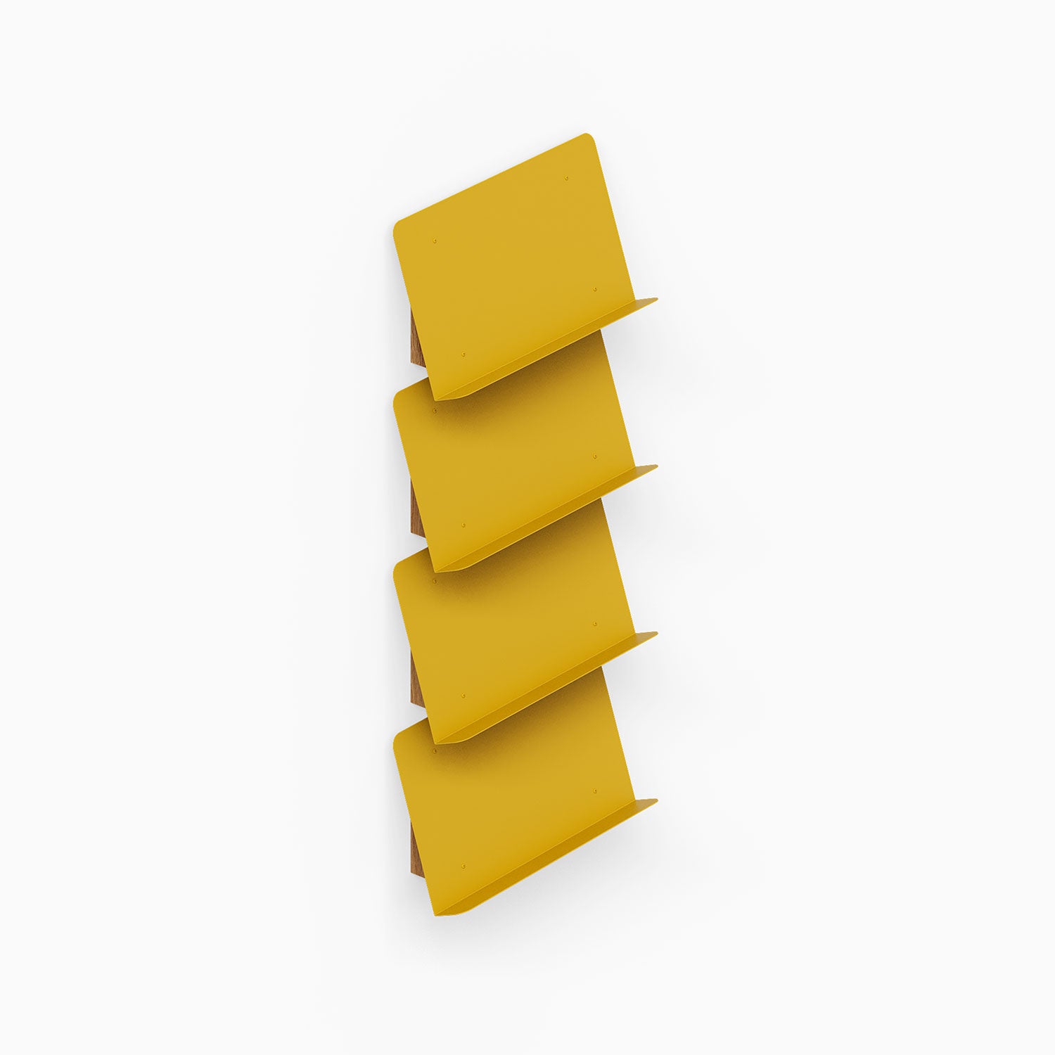 The Edit Book +Magazine Display in yellow metal with four angled shelves designed for functional and stylish organization of books and magazines.