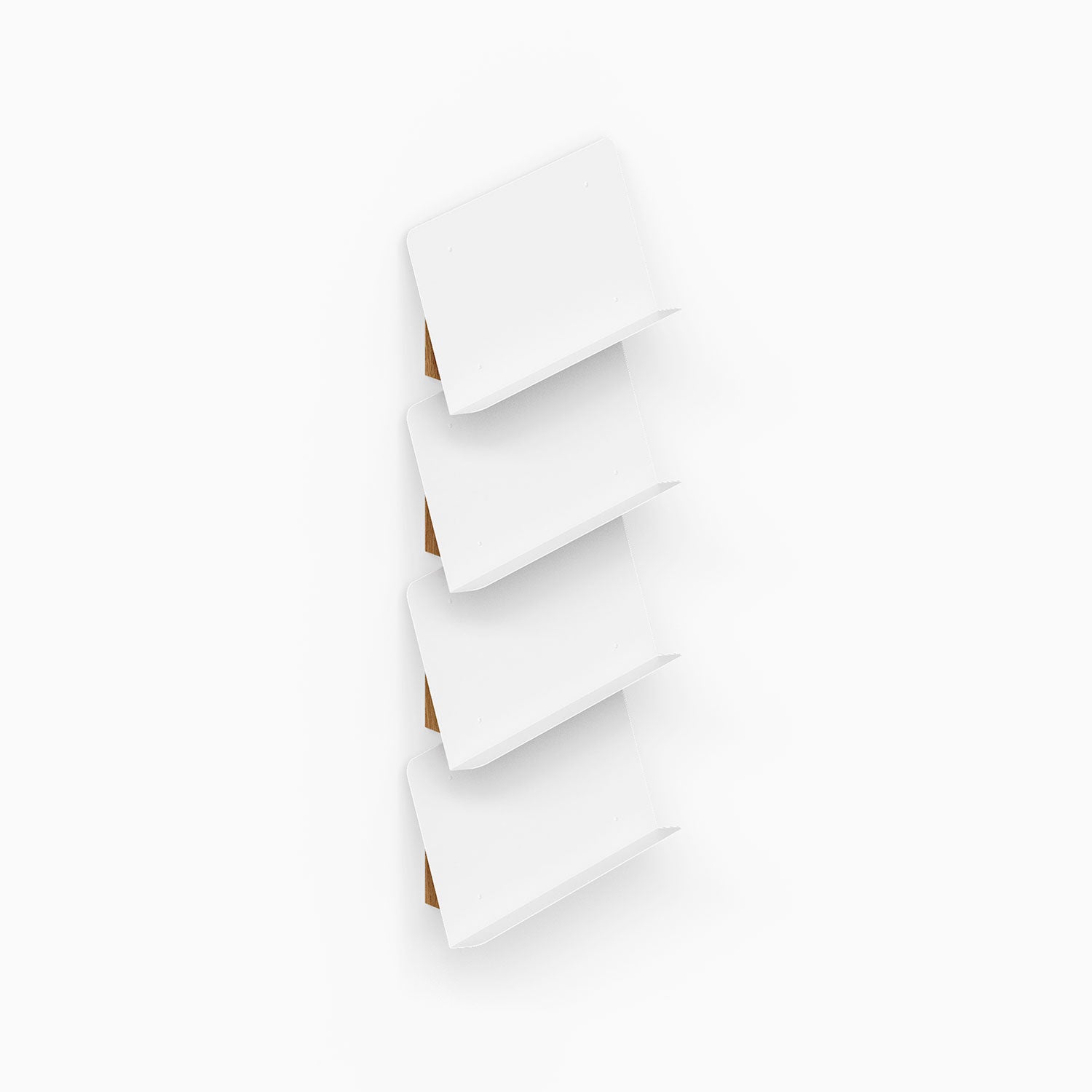 The Edit Book +Magazine Display in white features four sleek angled shelves for organizing and showcasing books and magazines with minimalist style.