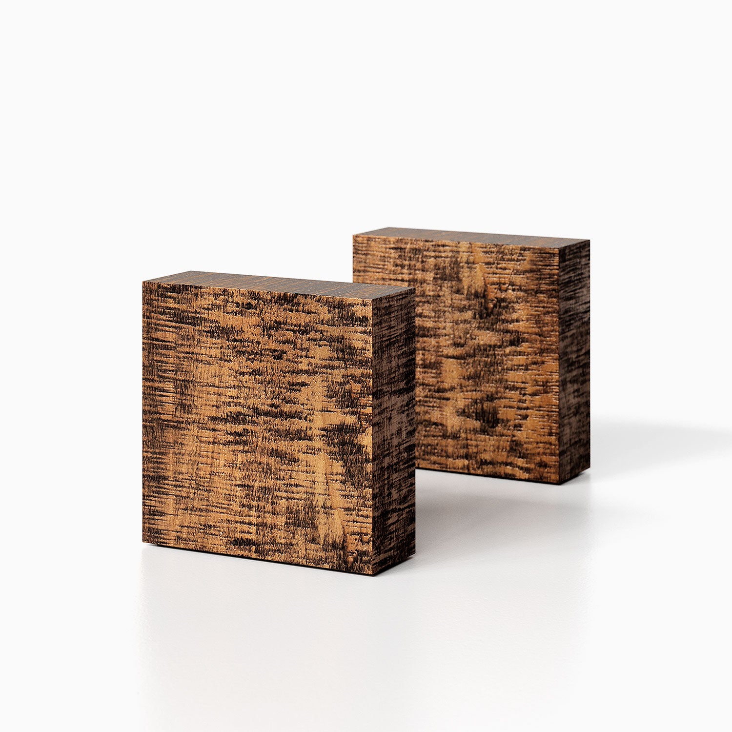 The Maggie Square Product (nutmeg rustic finish) pictured against a white background. Two bookends positioned in the center, one slightly off center, in front of the other.