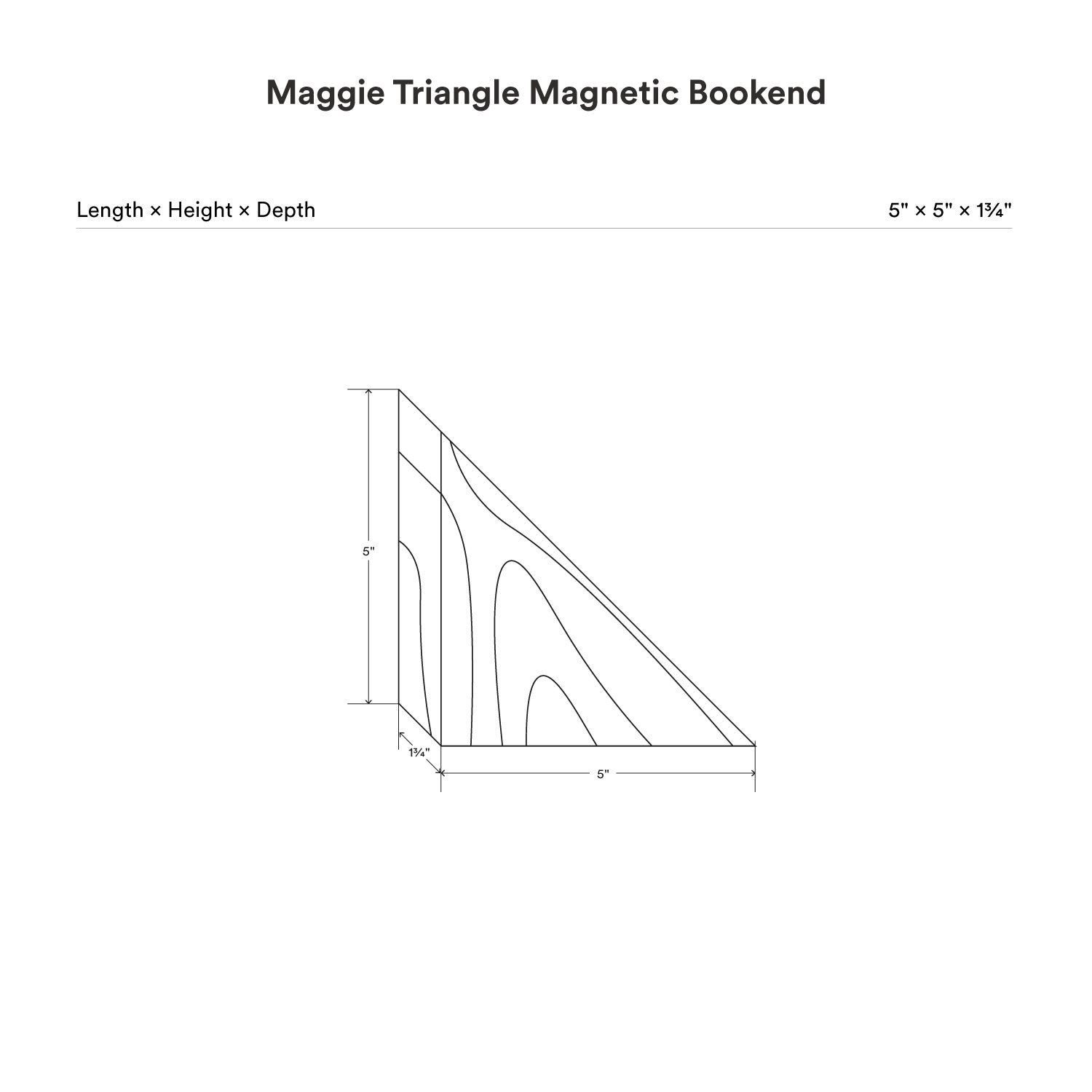 dimensional drawing of a Maggietriangle product 5 inches by 5 inches by 1 3/4 inches described.