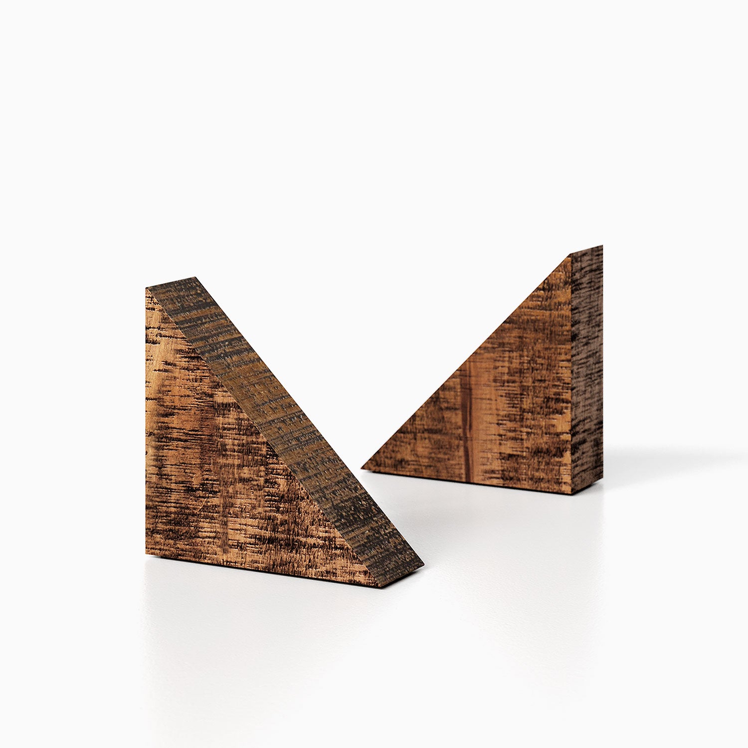The Maggie triangle Product (nutmeg rustic finish) pictured against a white background. Two bookends positioned in the center, one slightly off center, in front of the other.
