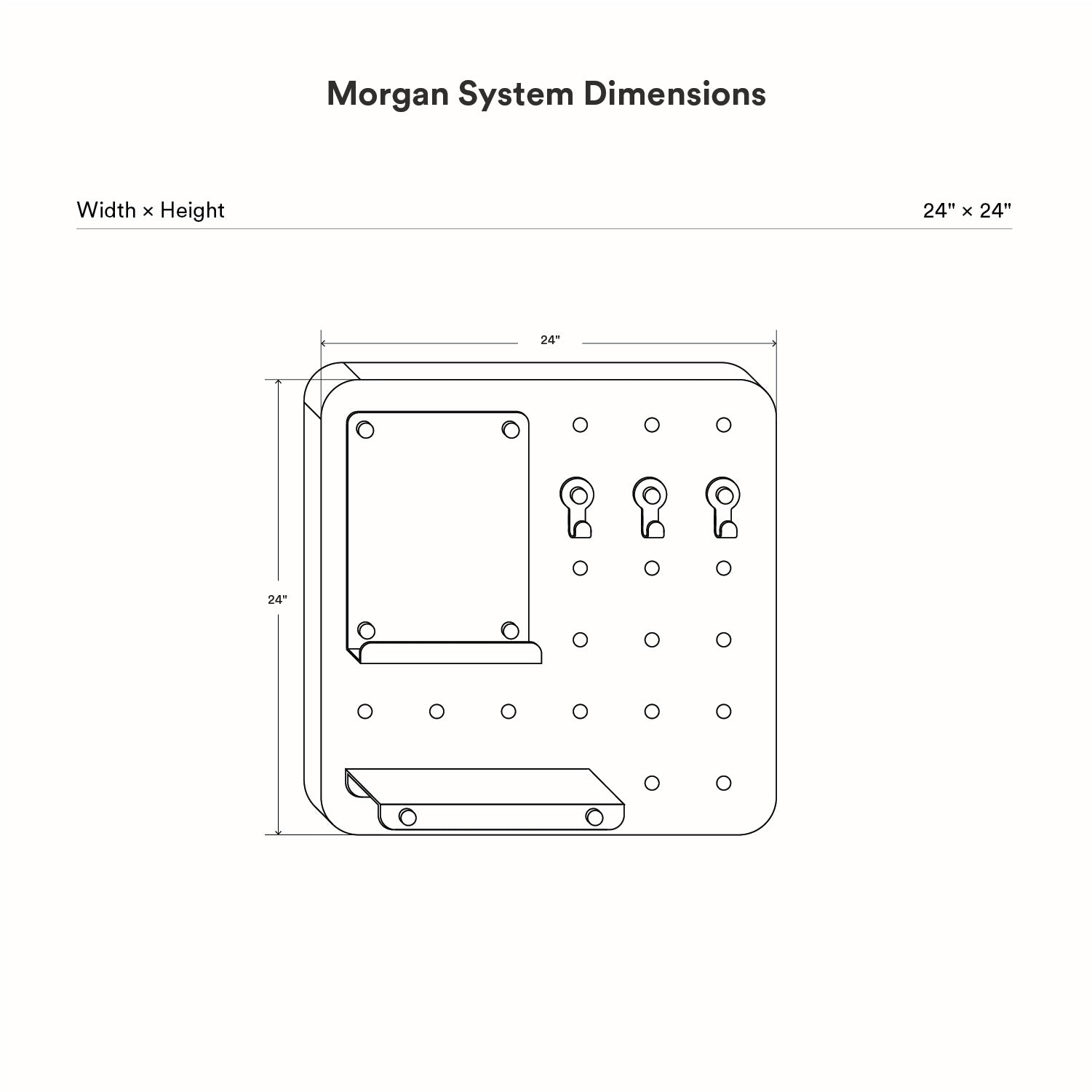 Diagram of the 24 by 24 inch Morgan Busy Bee Pegboard Set showing layout with hooks, a shelf, and a small ledge for organizing tools or decor on a wall display system.