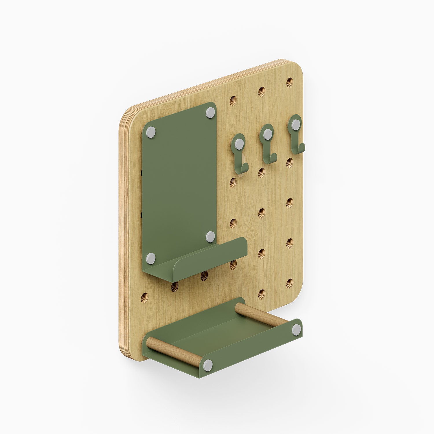 Morgan Busy Bee Pegboard Set with light wood base and olive green metal hooks, shelf, and small ledge for versatile wall organization.