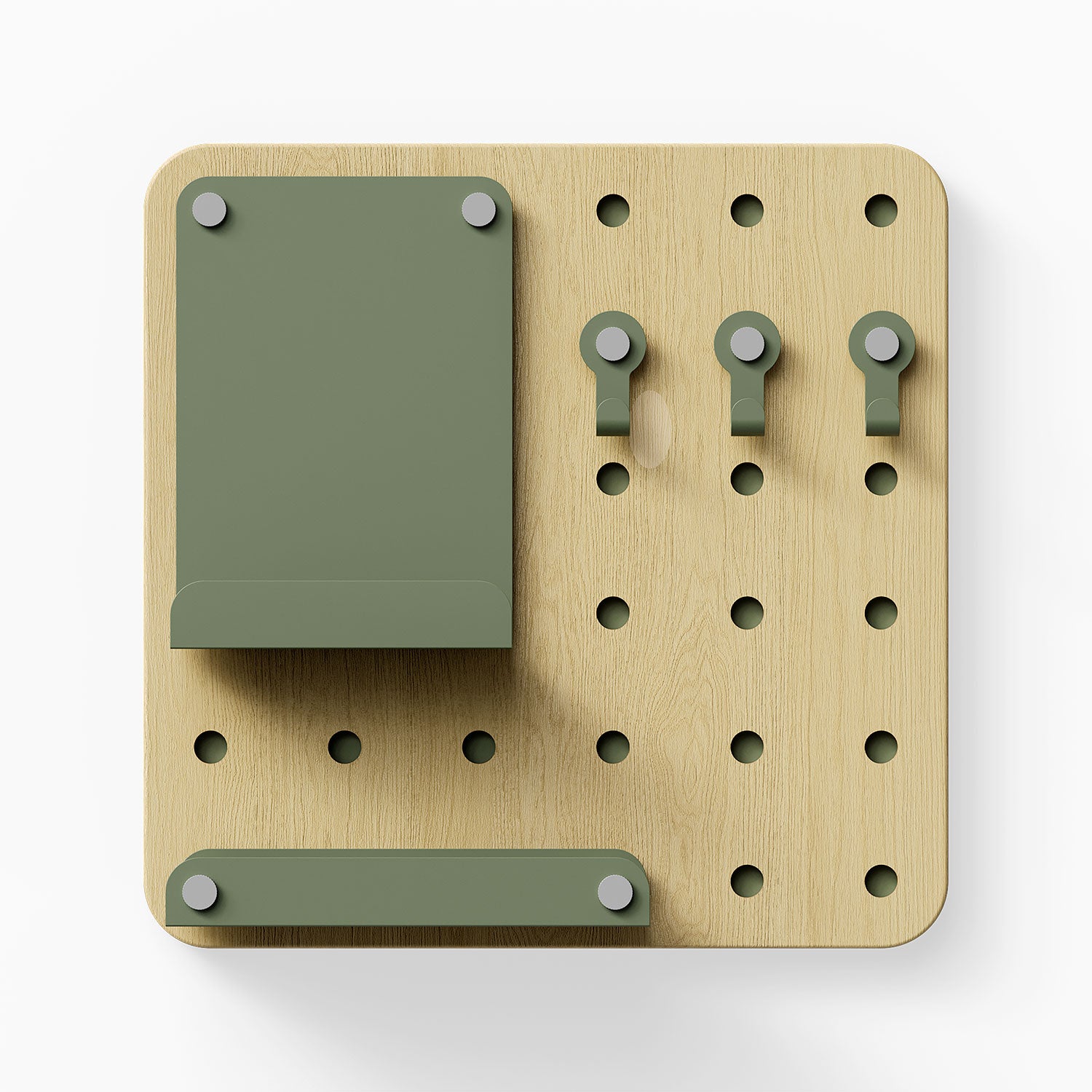 Morgan Busy Bee Pegboard Set featuring a minimalist wood pegboard with green metal hooks, shelf, and a small holder for organizing tools or accessories.