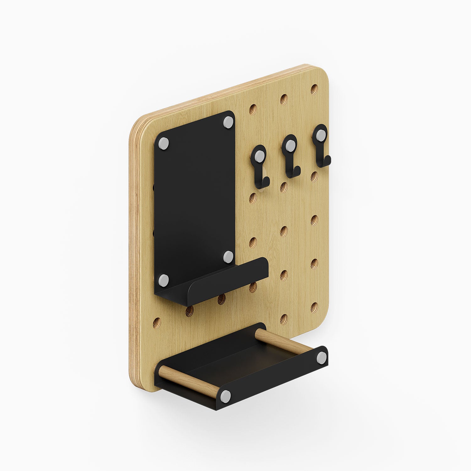 Morgan Busy Bee Pegboard Set with mixed-material wood and black metal hooks, shelves, and display ledges for versatile wall organization.