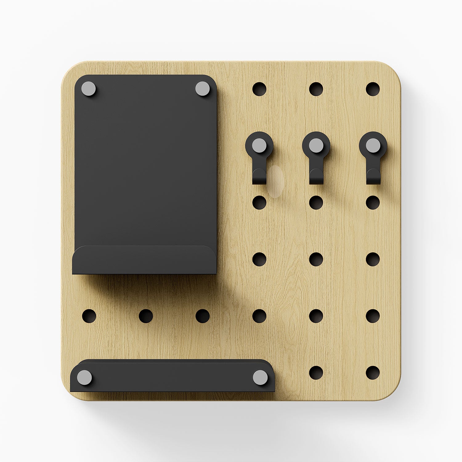 Morgan Busy Bee Pegboard Set in wood and steel with hooks, a small shelf, and a holder for organizing and displaying items on a wall.