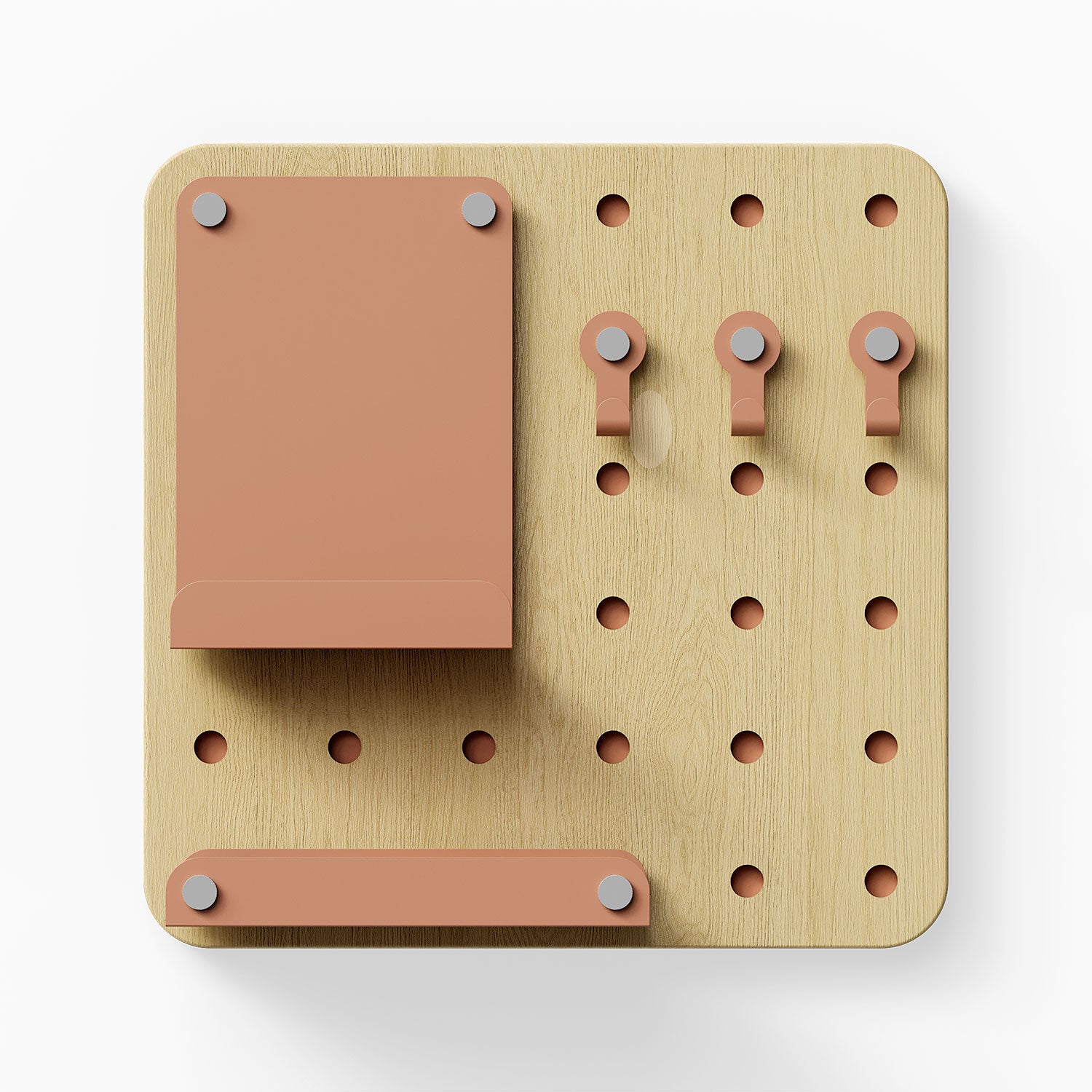 Morgan Busy Bee Pegboard Set with wood and steel construction, featuring hooks, a small shelf, and a ledge for wall organization and display.