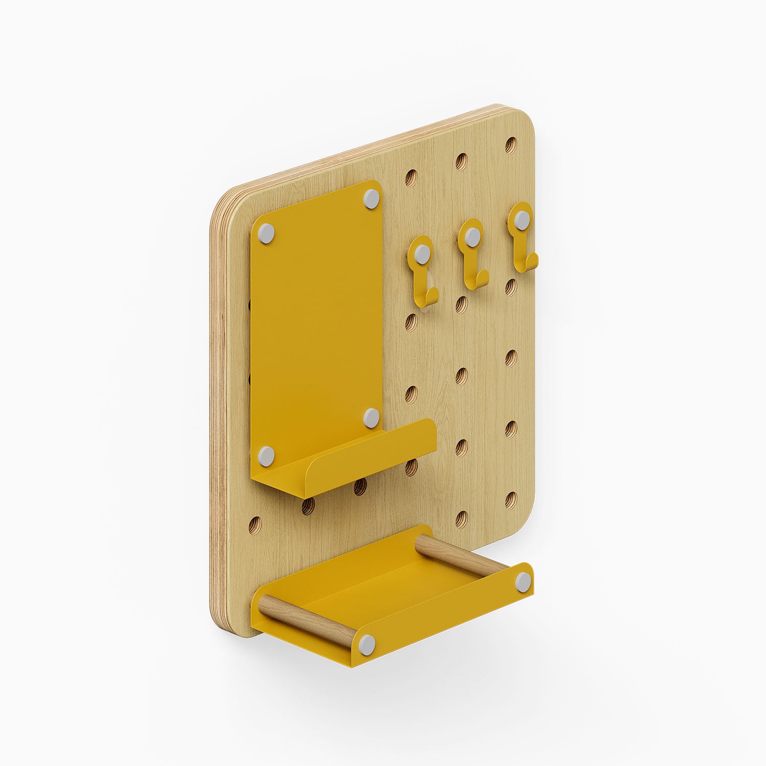 Morgan Busy Bee Pegboard Set featuring a minimalist wood pegboard with yellow metal hooks and shelves for versatile wall organization.