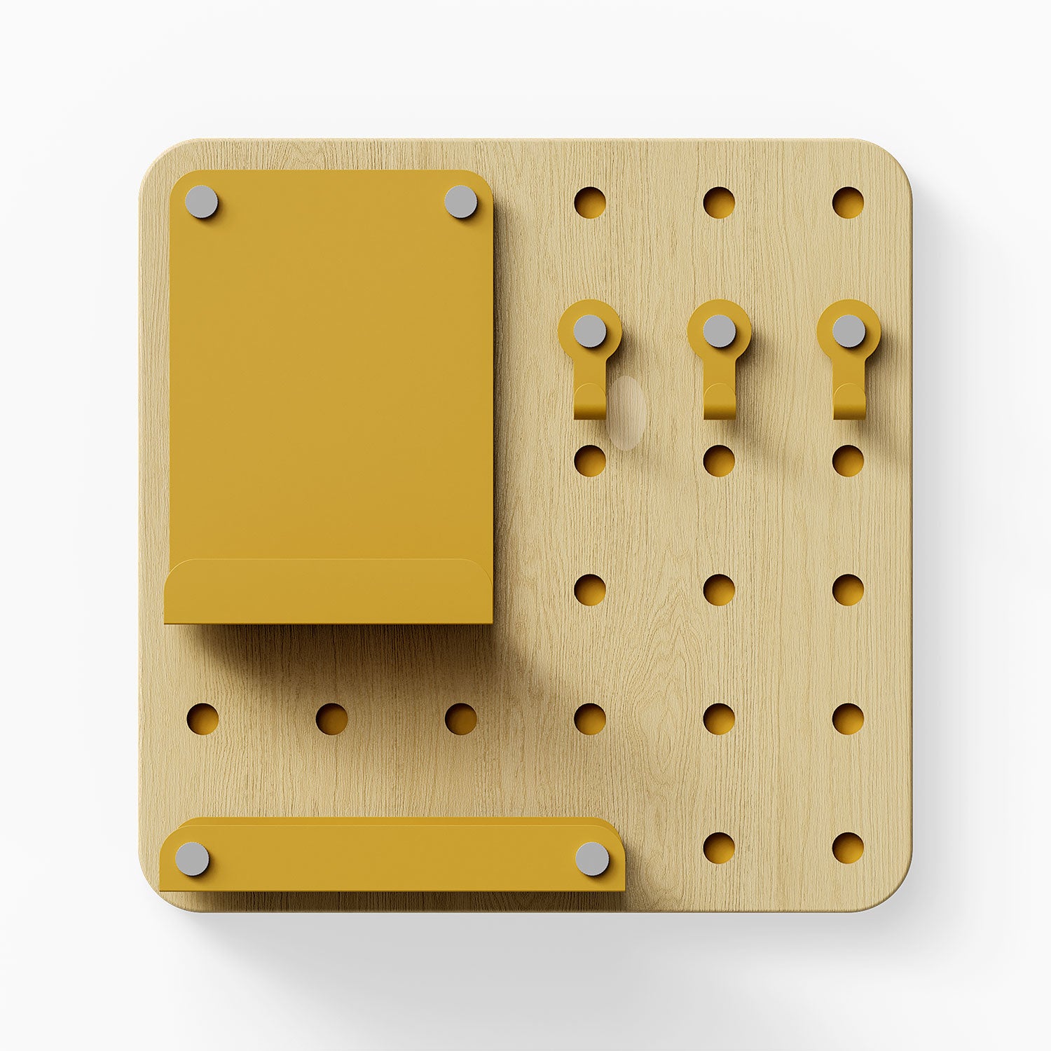 Morgan Busy Bee Pegboard Set featuring a minimalist wood pegboard with mustard yellow hooks, shelf, and a small holder for organized wall storage.