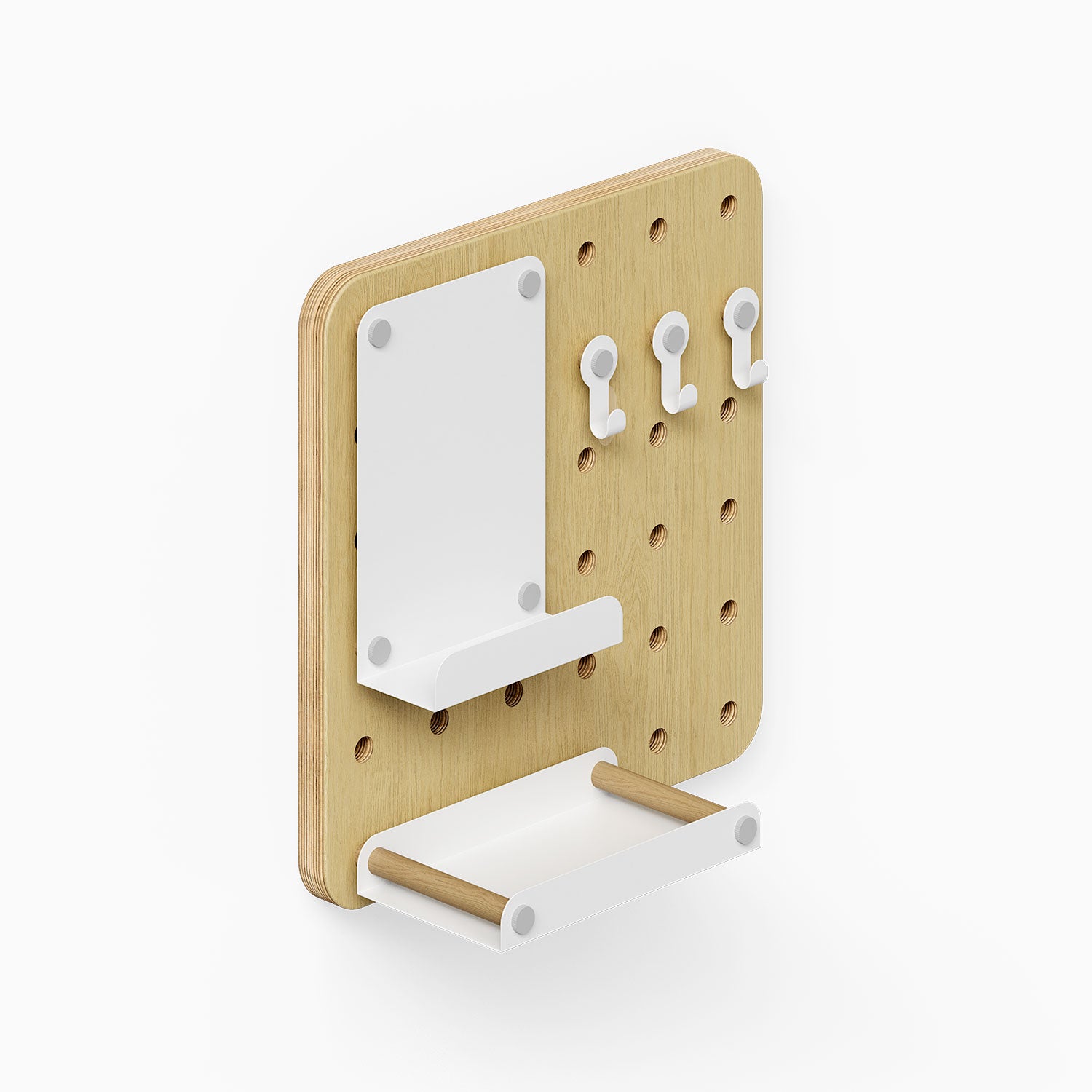Morgan Busy Bee Pegboard Set with natural wood and white metal components, featuring hooks, a shelf, and a holder for versatile wall organization.