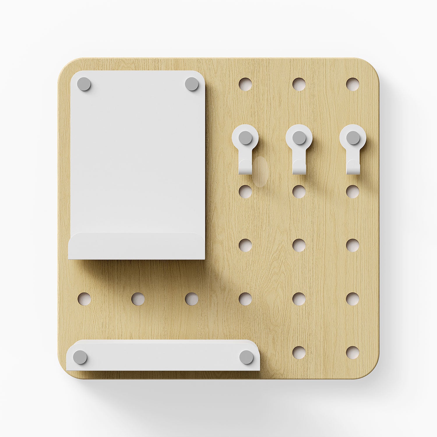Morgan Busy Bee Pegboard Set with mixed-material wood and steel construction, featuring hooks and shelves for customizable wall organization.