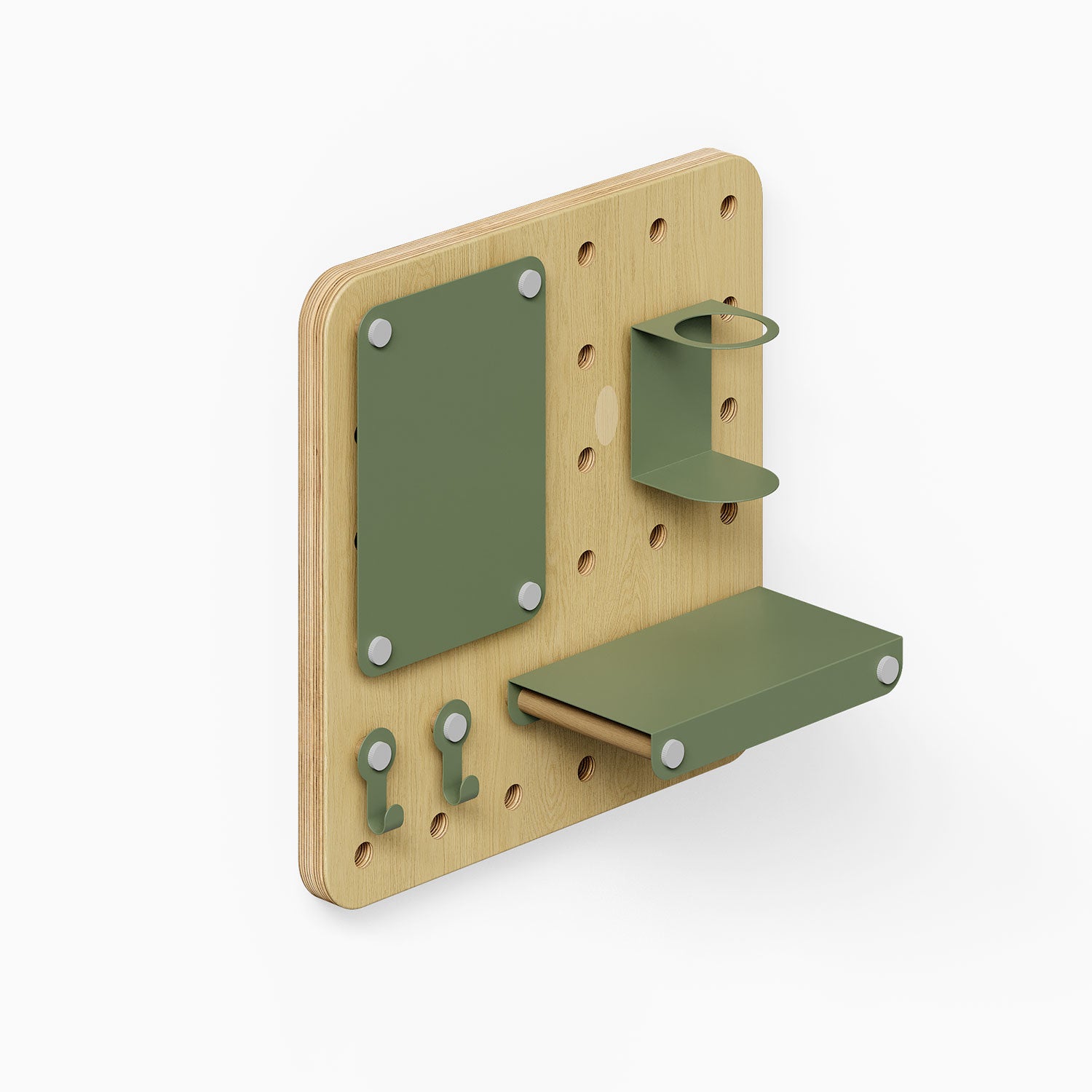 Morgan Put it There Pegboard Set in wood and green metal with various hooks, a small shelf, and a holder for organized wall display and storage
