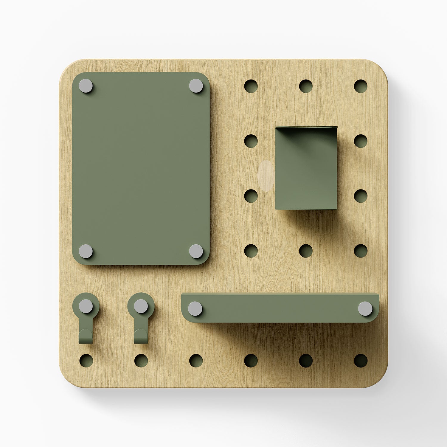 Morgan Put it There Pegboard Set with light wood base and olive green wall hooks, shelf, and storage box for organized wall display and decor