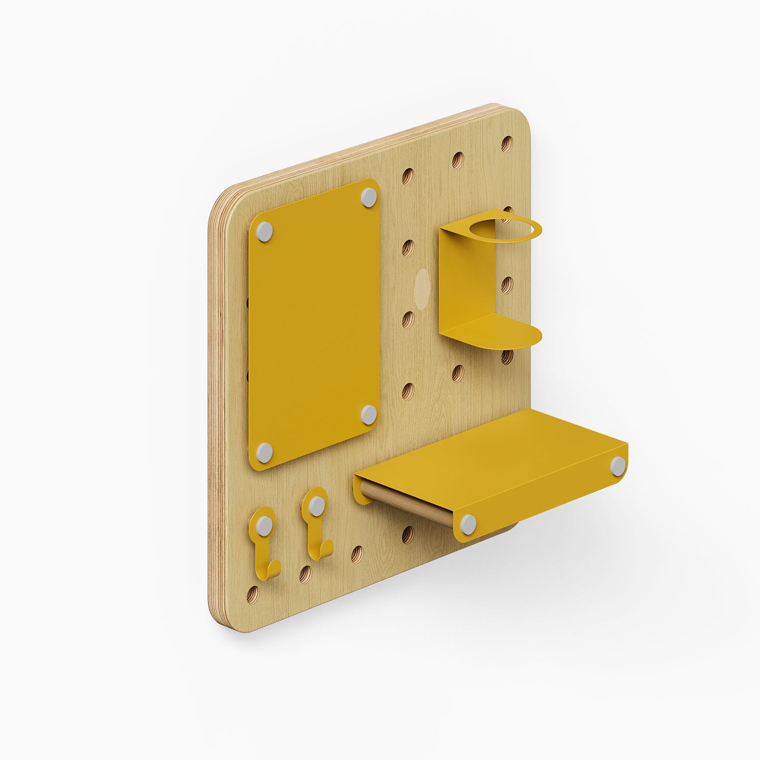 Morgan Put it There Pegboard Set with mixed-material design featuring solid hardwood pegboard and yellow metal floating shelves, hooks, and display ledges for wall organization.