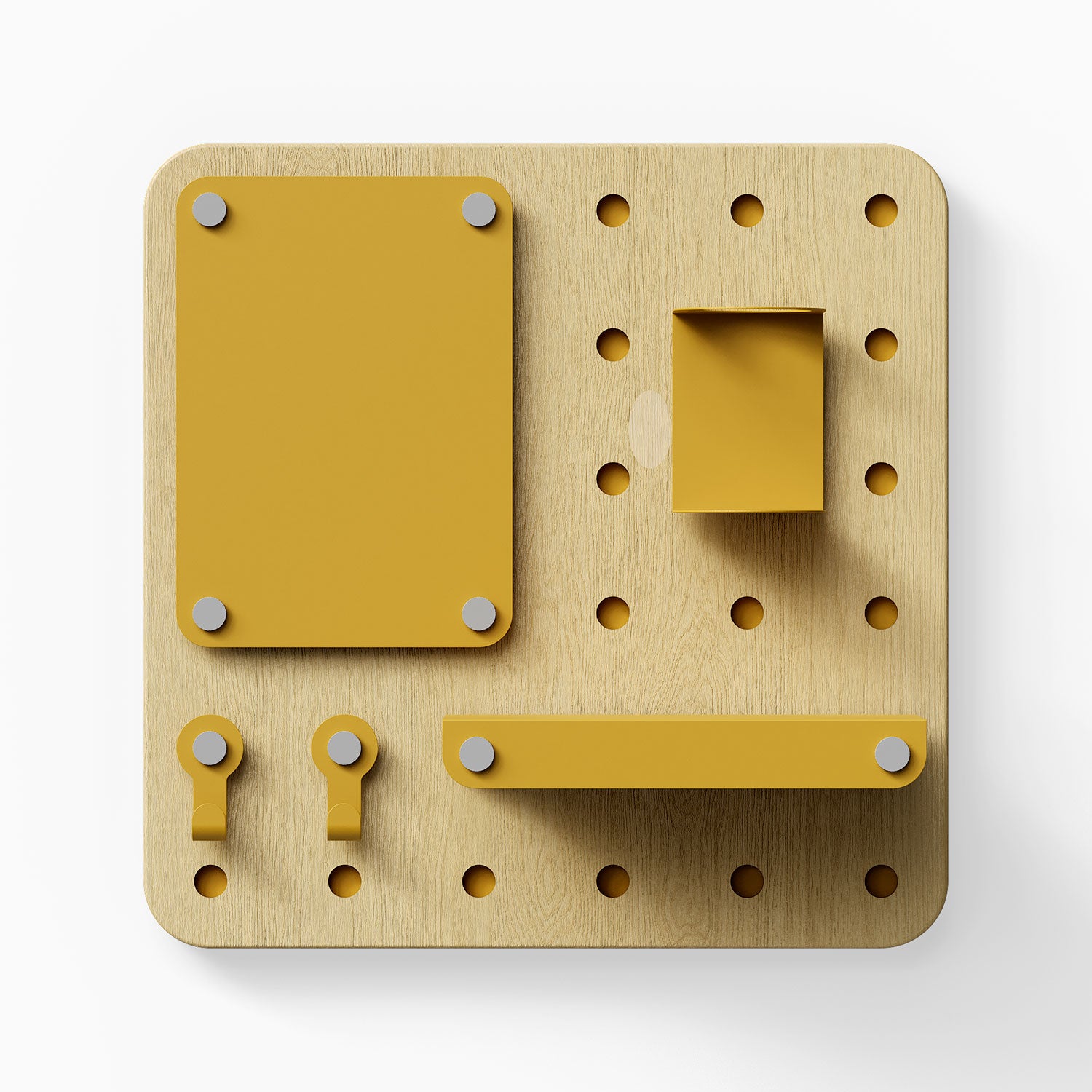 Morgan Put it There Pegboard Set with mustard yellow shelf, hooks, and board on natural wood pegboard for wall organization and display