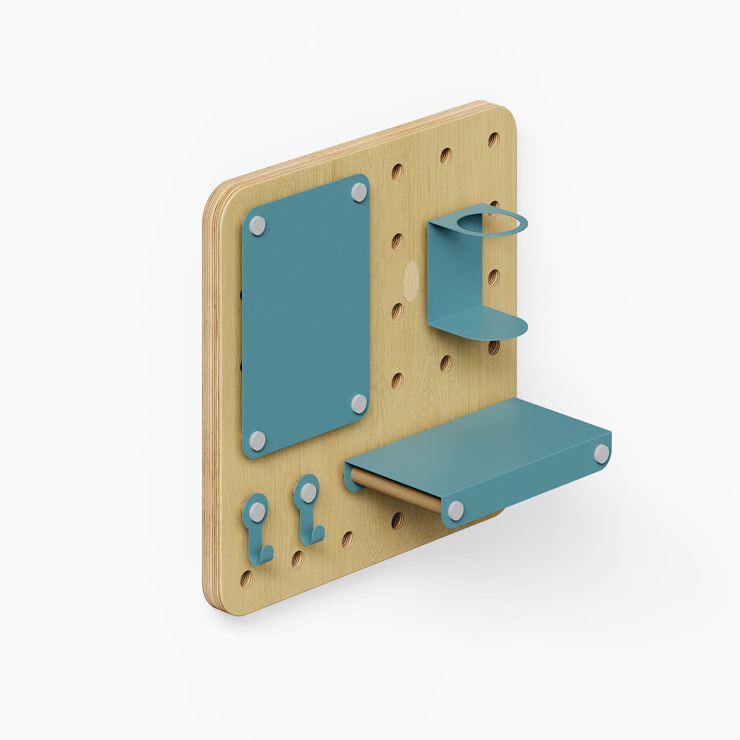 Wood pegboard with blue metal hooks, shelf, and holder in minimalist design for wall shelves and organization, Morgan Put it There Pegboard Set