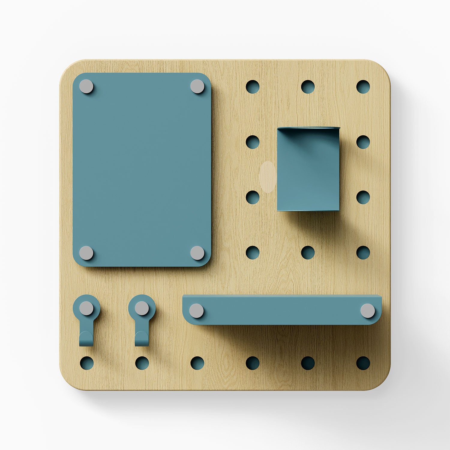 Morgan Put it There Pegboard Set featuring light wood pegboard with blue metal hooks, shelf, and holder for organized wall storage and display.