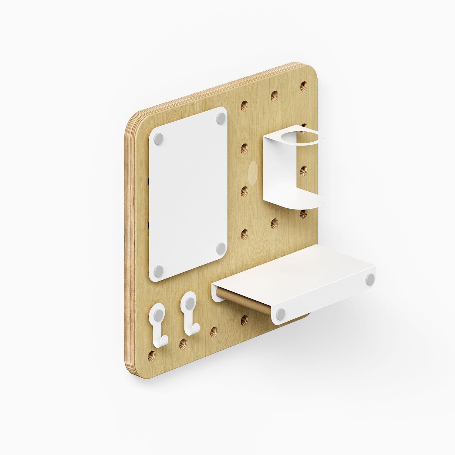 Morgan Put it There Pegboard Set with natural wood finish and white metal shelf, hooks, and display accessories for organized wall storage