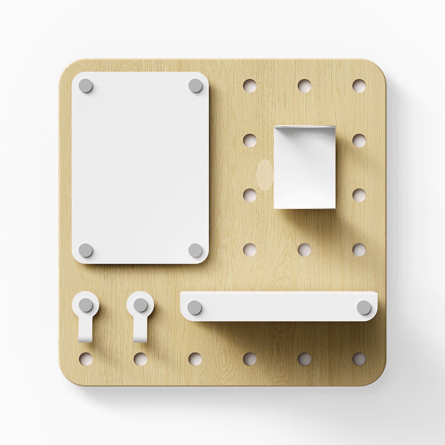 Morgan Put it There Pegboard Set with light wood finish, white shelf, hooks, and a rectangular panel for customizable wall organization and display.