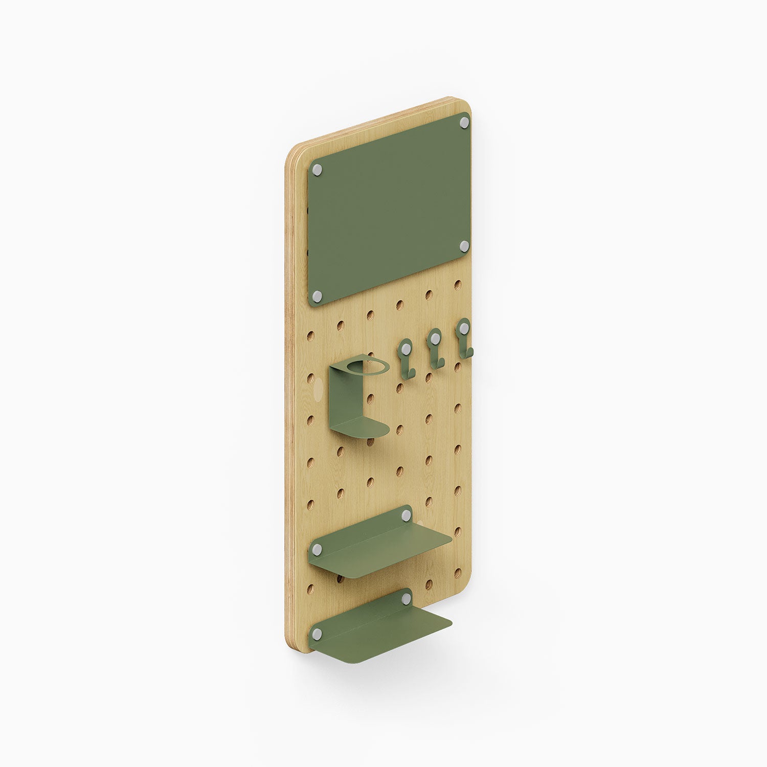 Morgan Room to Grow pegboard Set with natural wood panel and green metal hooks, shelves, and accessories for organized wall display and storage.