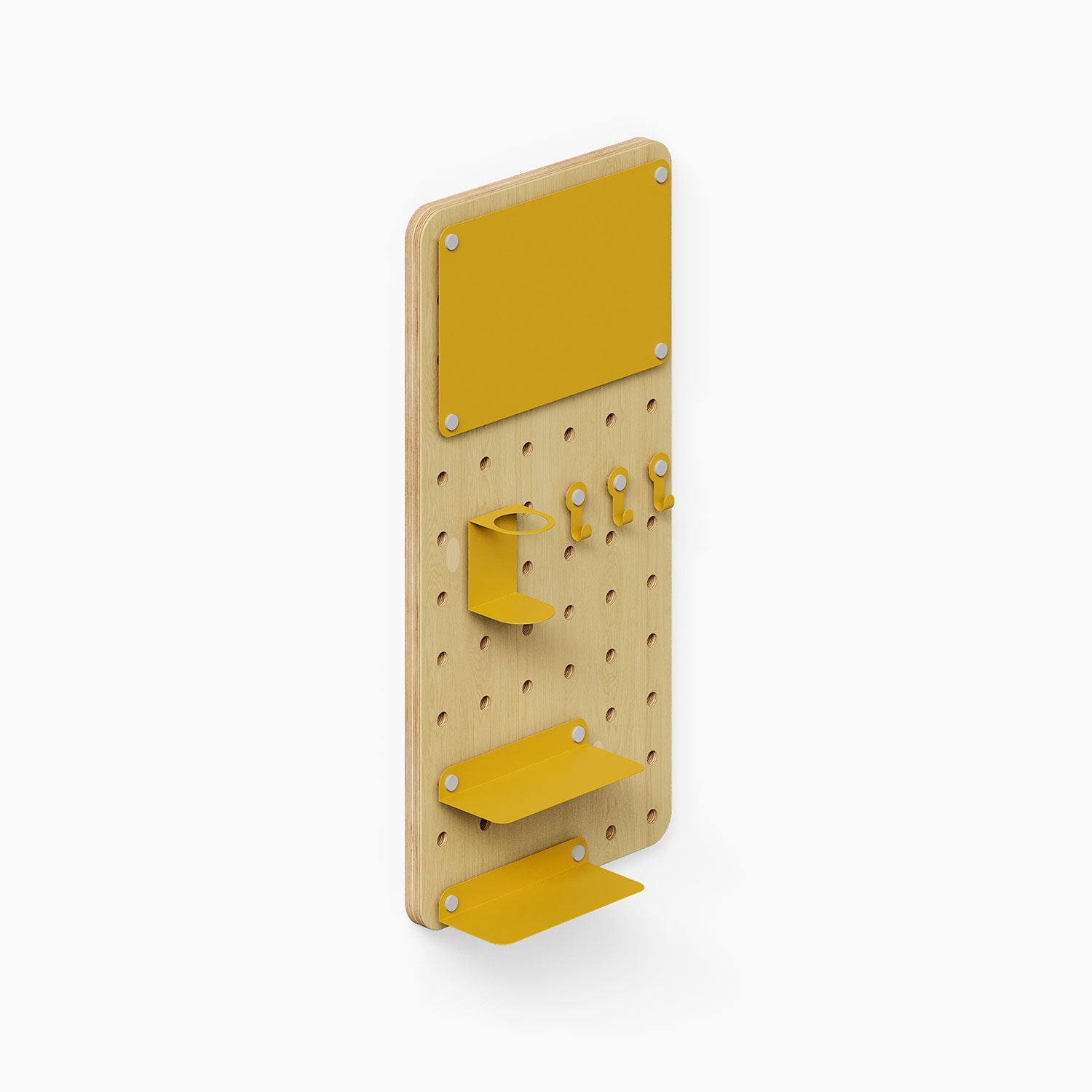Morgan Room to Grow pegboard Set with natural wood panel and mustard yellow metal shelves and hooks for organizing and displaying items.