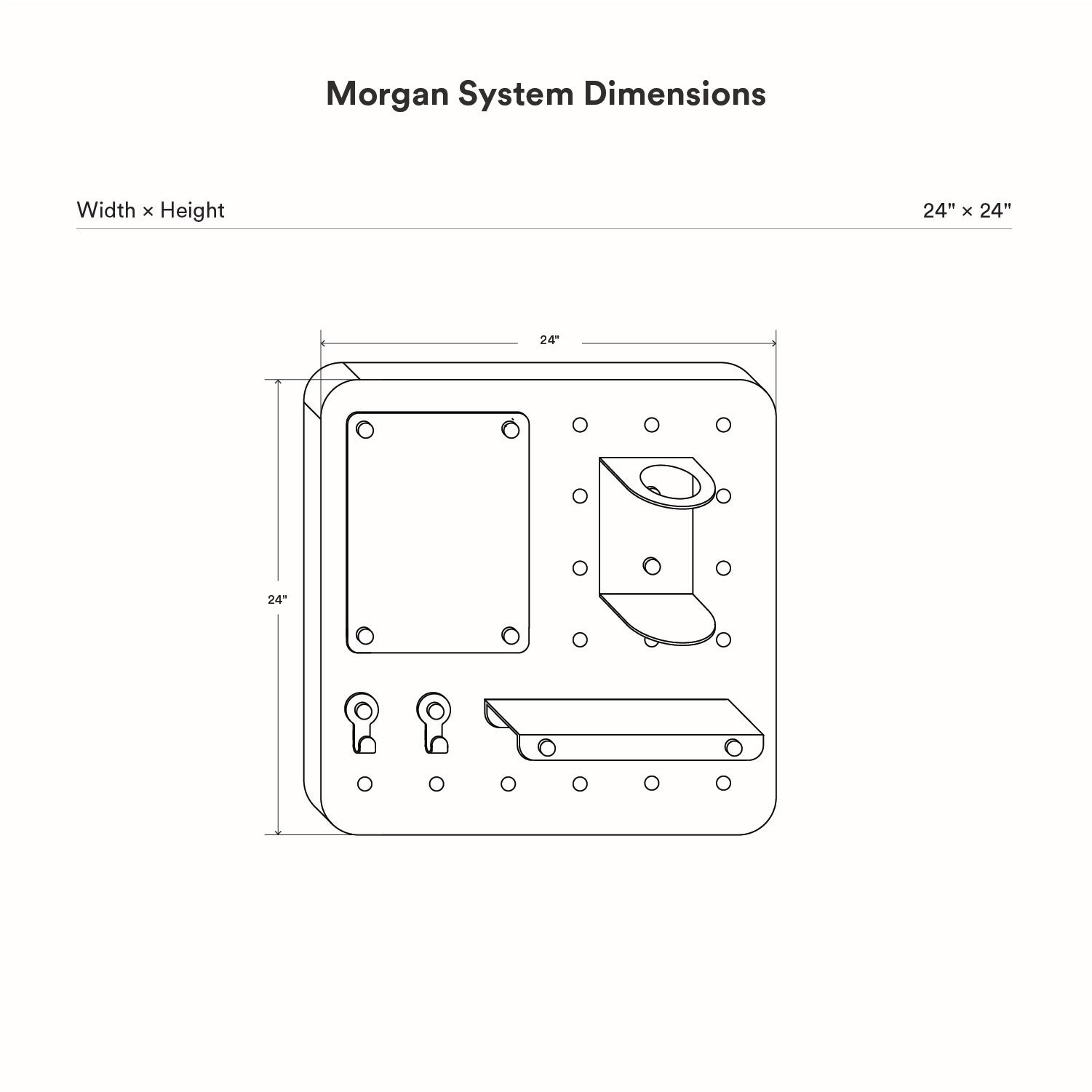 Diagram showing dimensions and layout of the Morgan Put it There Pegboard Set featuring mounted shelves, hooks, and compartments for wall organization and display.