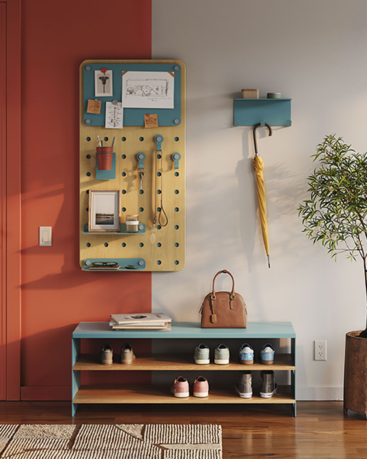 Organized entryway with a pegboard wall organizer, floating shelf, shoe storage bench, handbag, umbrella, and potted plant