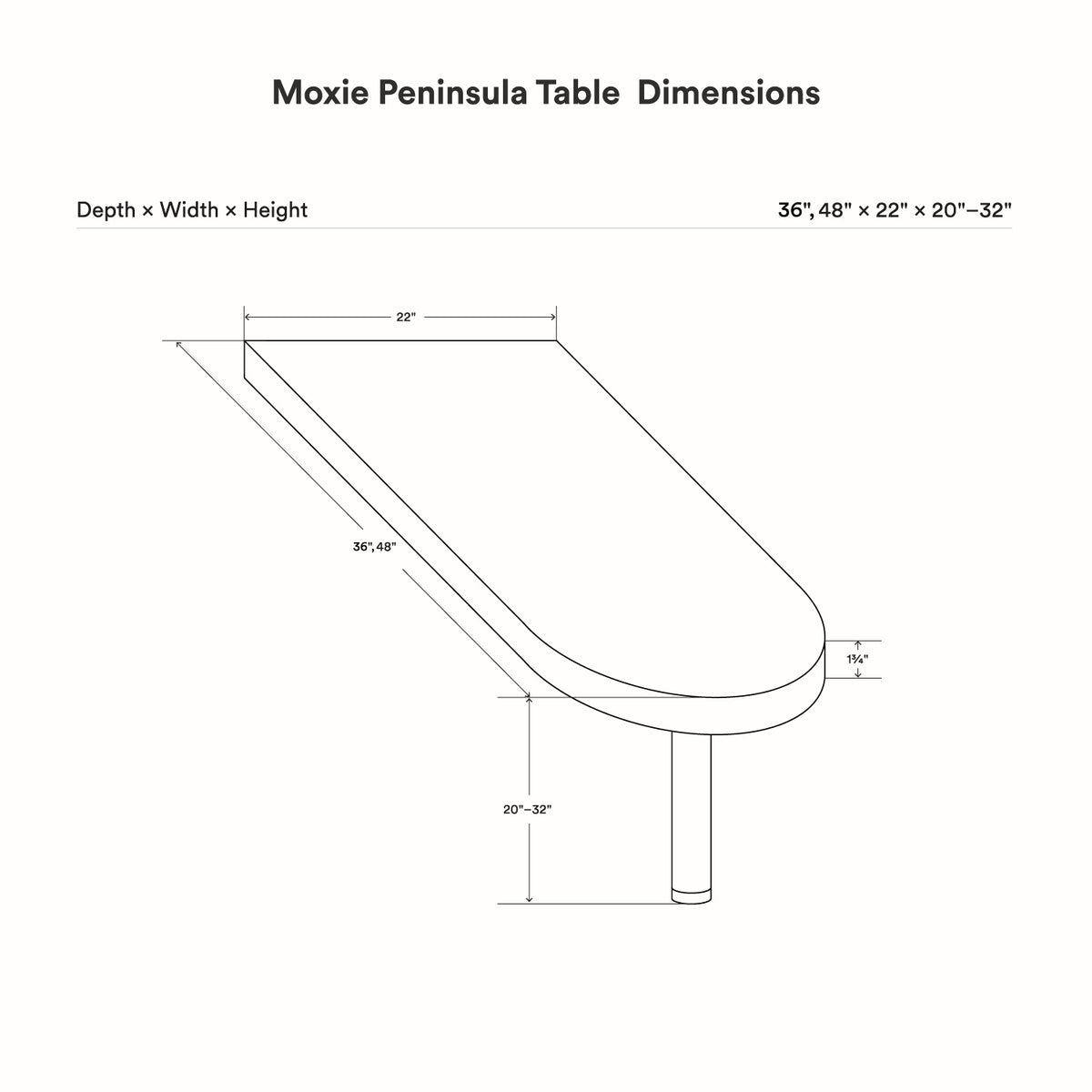 Moxie Peninsula Table (White Oak) technical drawing showing a rounded peninsula tabletop with a supporting leg