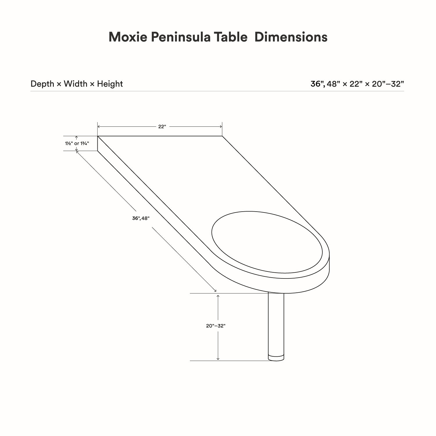Technical line drawing showing dimensions of the Moxie Peninsula Table (Baltic Birch - With Color Inlay) with depth, width, and adjustable height details.