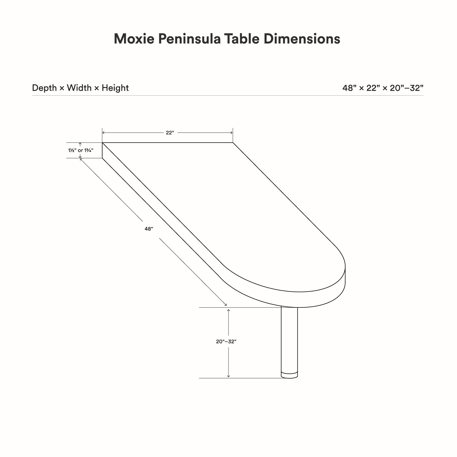 Technical line drawing showing the dimensions of the Moxie Peninsula Table (Baltic Birch) with depth 48 inches, width 22 inches, and adjustable height from 20 to 32 inches.