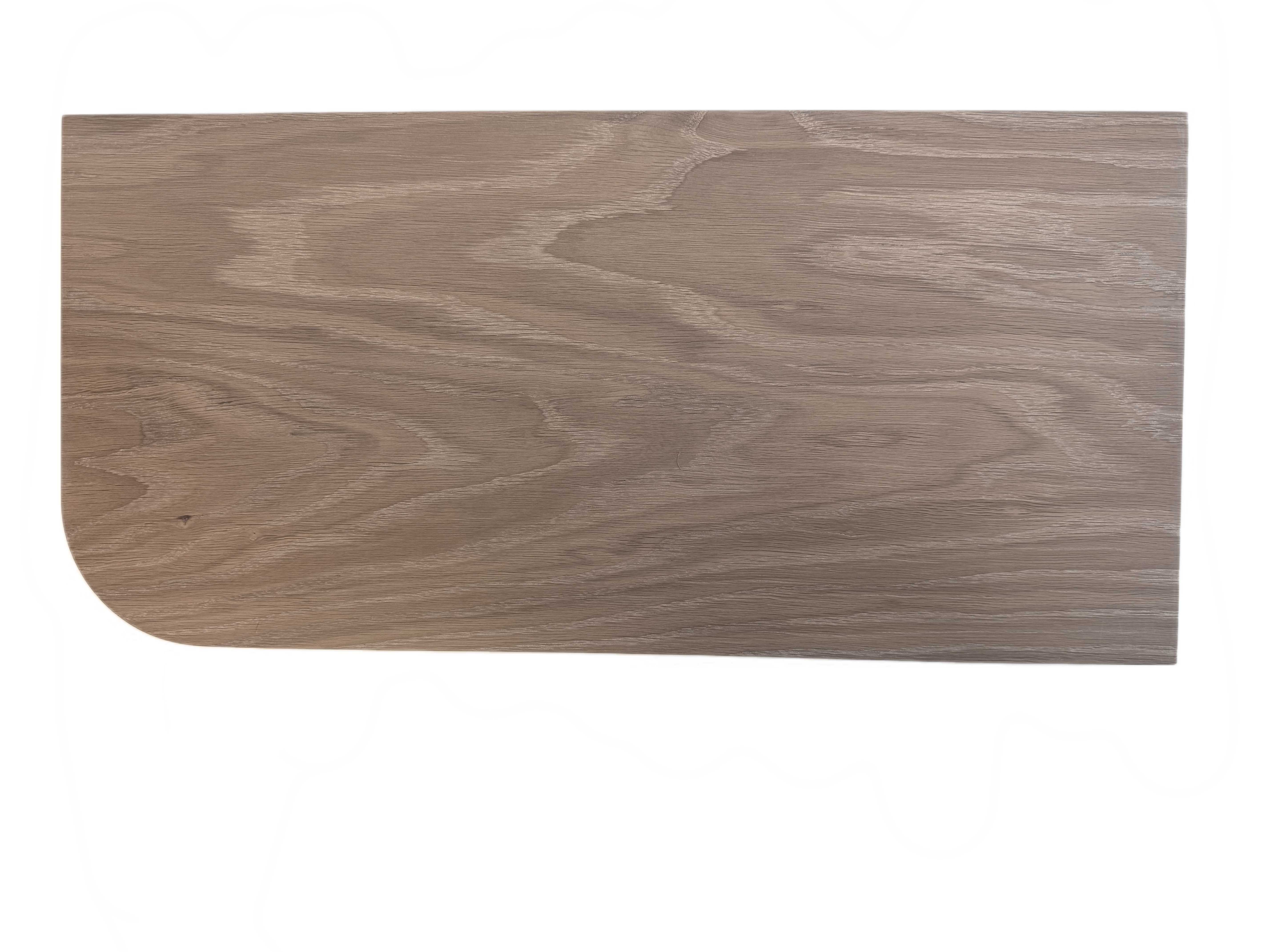 Clearance — Aksel RADius Glazed White Oak Shelf — 22.75" length x 11" depth x 1.75" thick, featuring smooth rounded edge and natural white oak grain for versatile wall shelving.