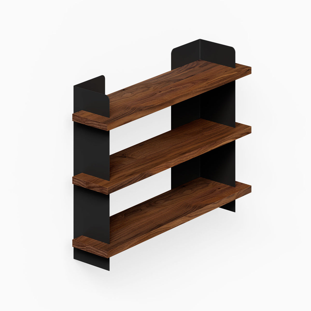 Nigel Bookshelf with three dark wood shelves and black steel supports for organized wall display