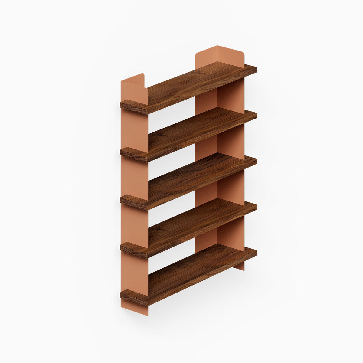 Nigel Bookshelf with five dark wood shelves and warm metal side panels for organized wall display and decor storage