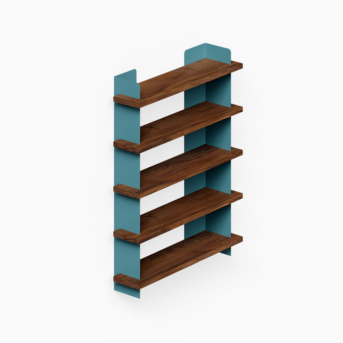 Nigel Bookshelf with five wood shelves and teal metal supports for organized wall display and storage