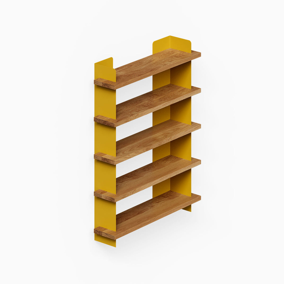 Nigel Bookshelf with five wood shelves and yellow side supports for minimalist wall display and organization
