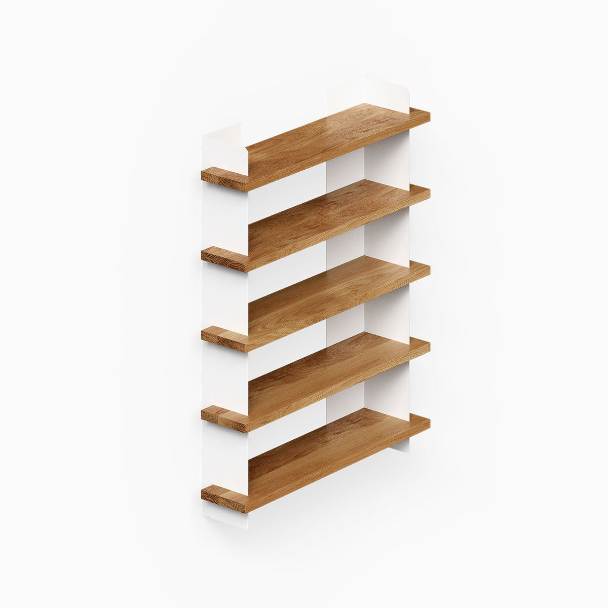 Nigel Bookshelf wall mounted wood shelving unit with five open shelves and white side supports for organized display