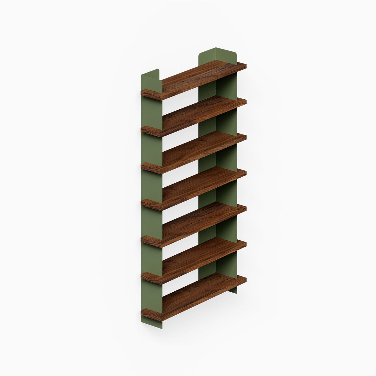 Nigel Bookshelf with five wood shelves and green vertical supports for stylish wall mounted storage and display