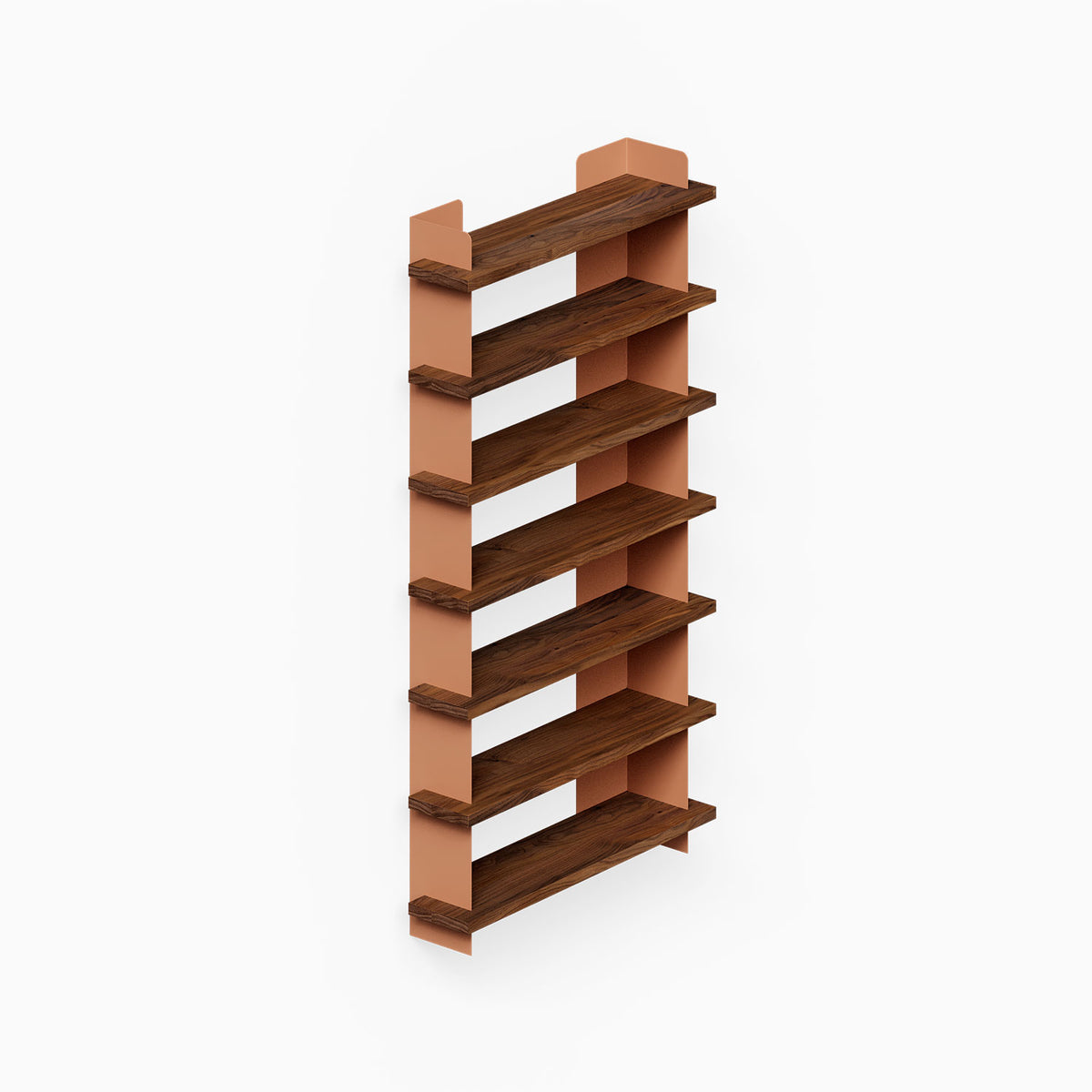 Nigel Bookshelf with six dark wood shelves and warm wood side supports for organized wall display and storage