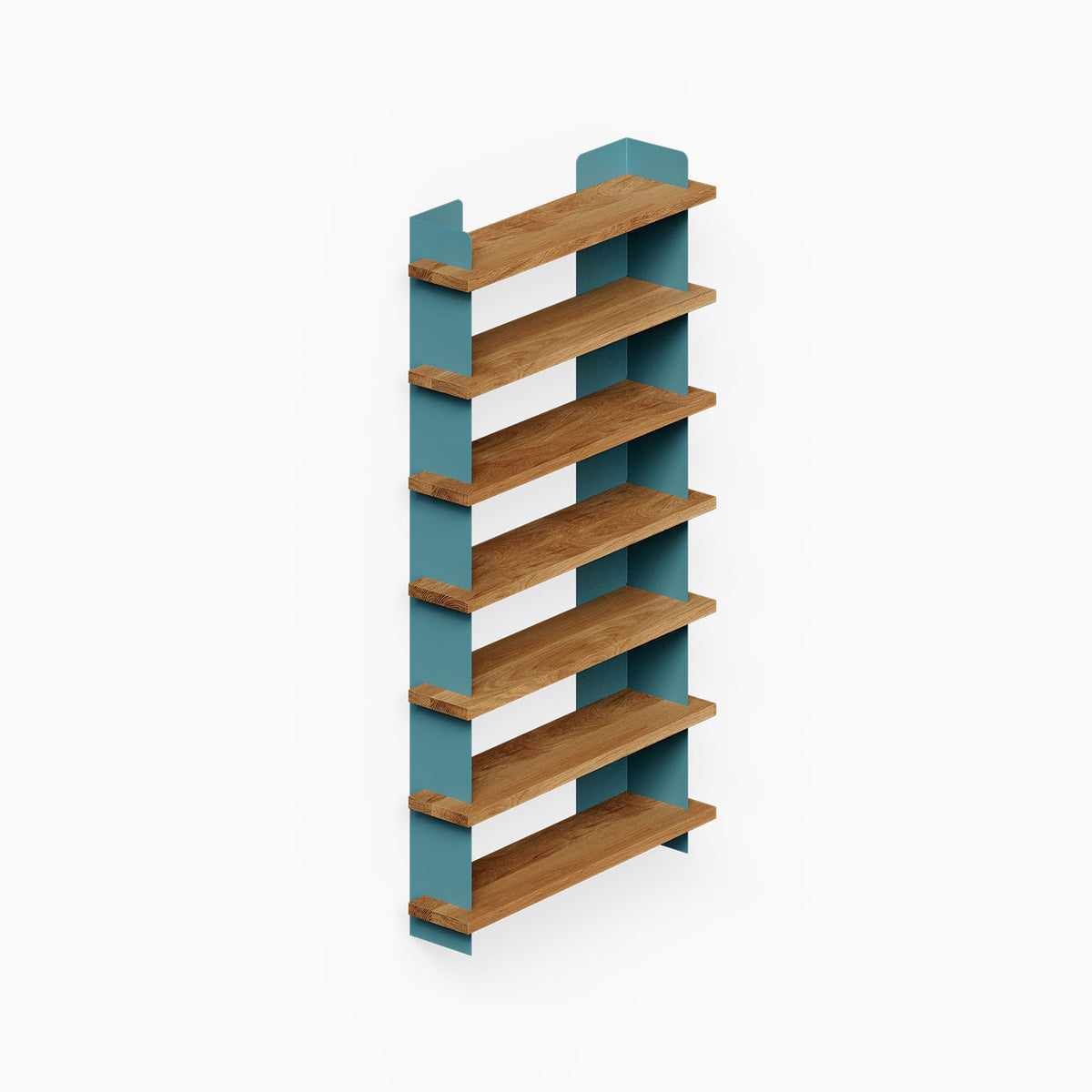 Nigel Bookshelf with six wood shelves and teal steel side supports for organized wall display and decororage