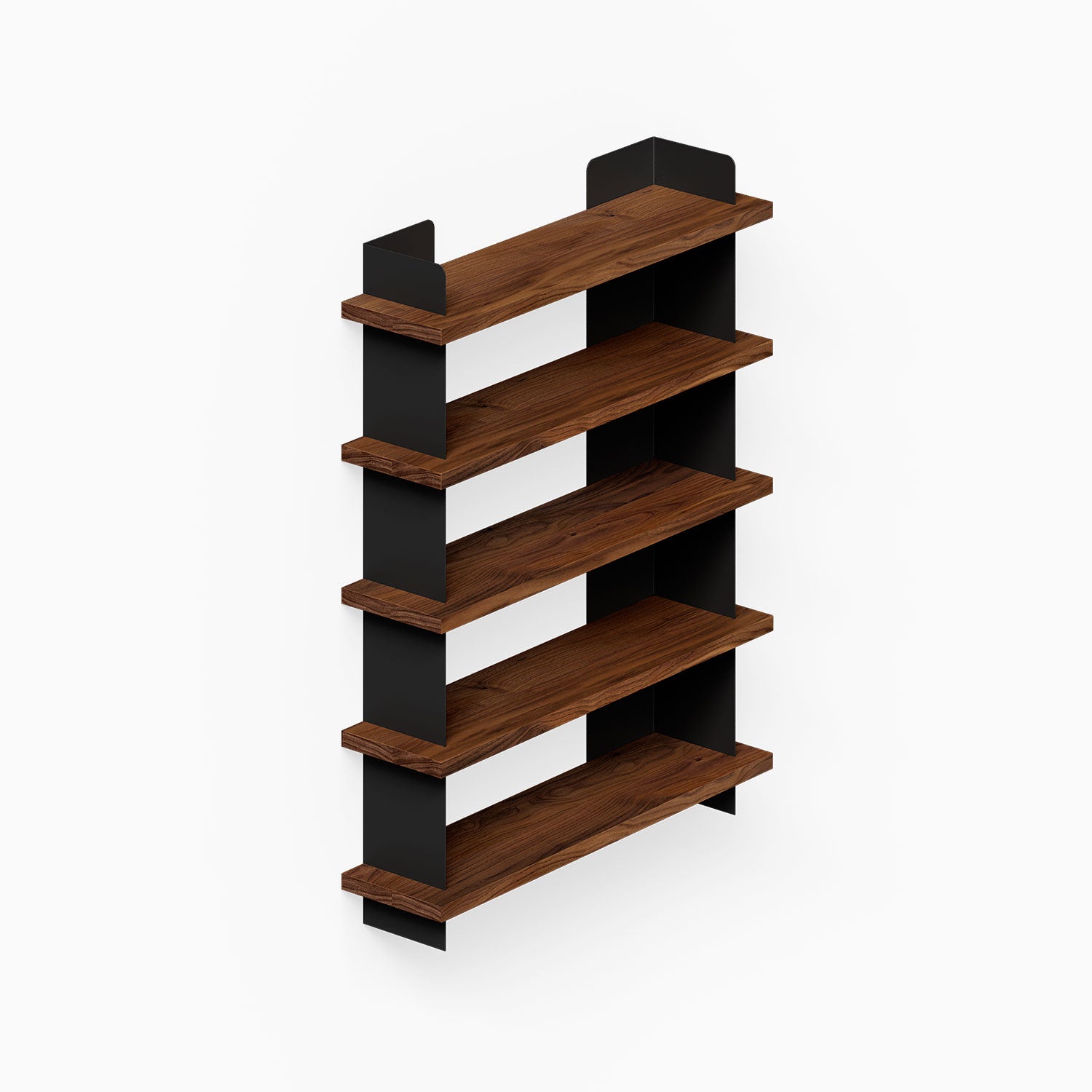 Nigel Bookshelf with five wooden shelves and black metal supports showcasing minimalist, mixed-material design ideal for stylish wall display and organization.