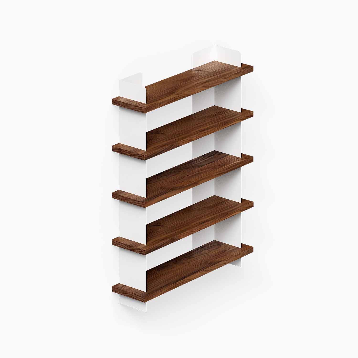 Nigel Bookshelf in minimalist design featuring rich walnut wood shelves supported by sleek white vertical panels, perfect for organized wall display.