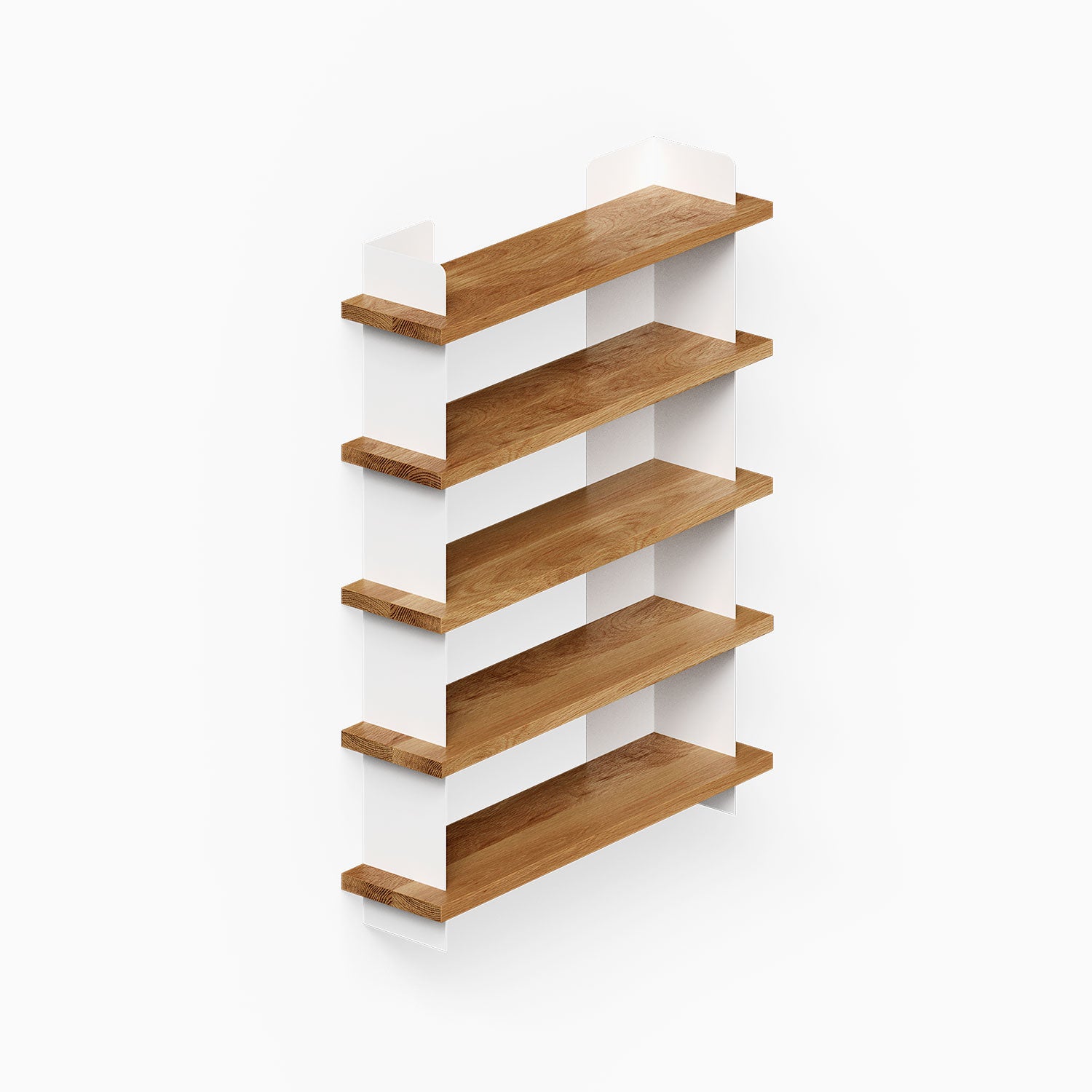 Nigel Bookshelf with five solid hardwood shelves supported by minimalist white metal frame, designed for functional, space-maximizing organization.