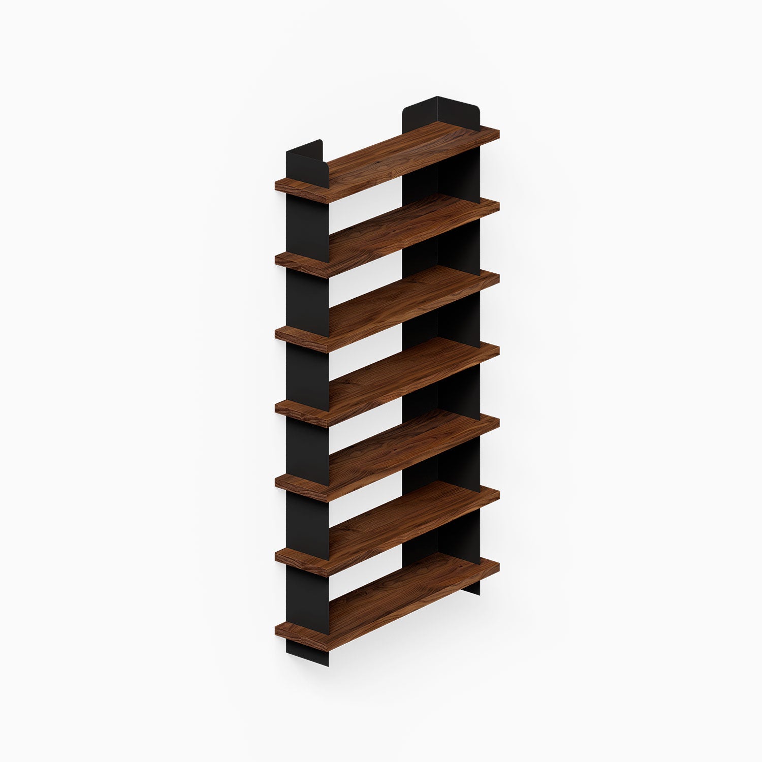 Nigel Bookshelf with mixed-material design featuring rich walnut wood shelves and black steel supports, perfect for stylish wall storage organization.