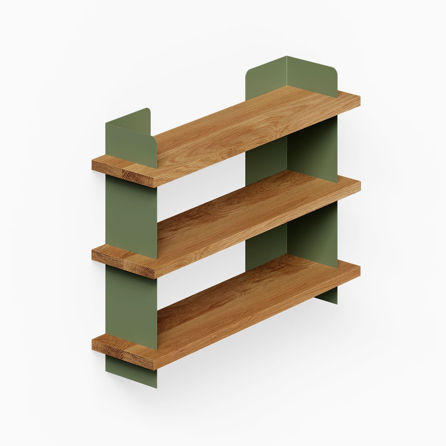 Nigel Bookshelf features a minimalist design with solid hardwood shelves and olive green metal supports, perfect for organized, stylish wall storage.