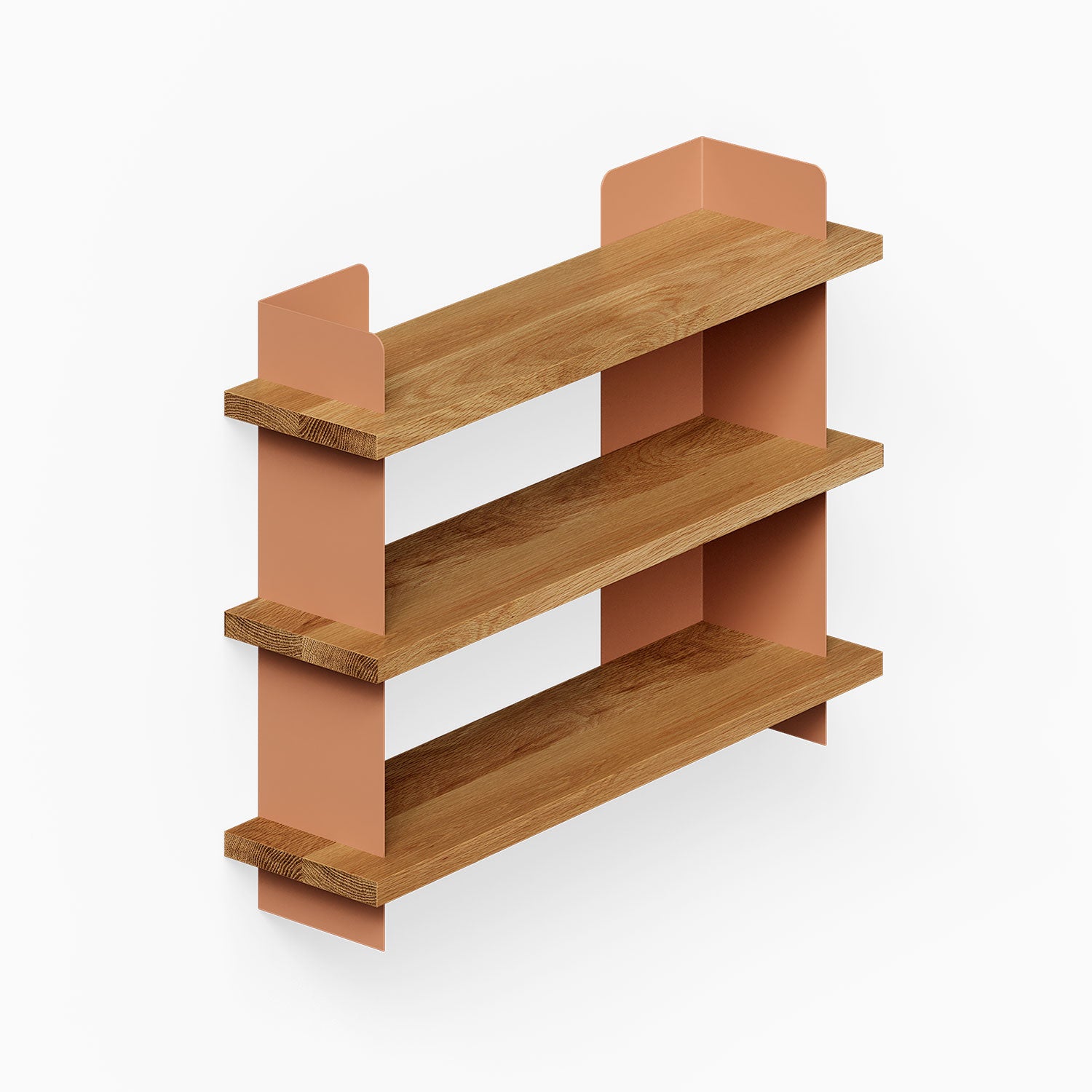 Nigel Bookshelf with three solid hardwood shelves supported by rust-resistant steel brackets in a warm clay color, designed for stylish wall organization.