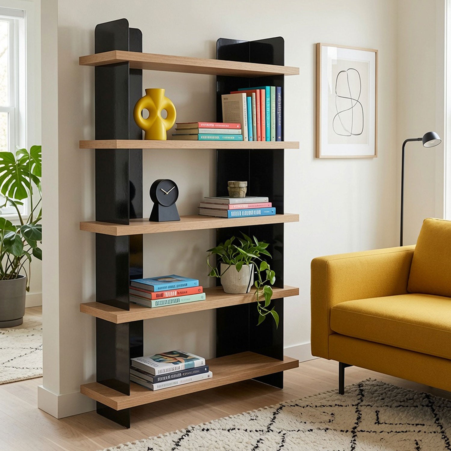 Nigel Bookshelf with mixed-material wood and black steel shelves, styled with books, decor, and plants in a modern living room.